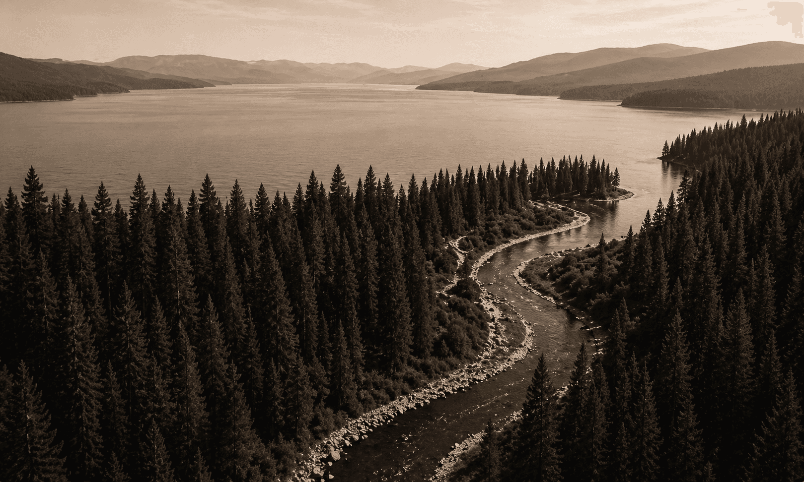 Aerial view of a winding creek flowing into a mountain lake surrounded by pine forest